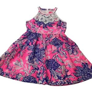 Lilly Pulitzer Girls Pink Purple Floral Crochet Lace Halter Dress 001521 Size 12